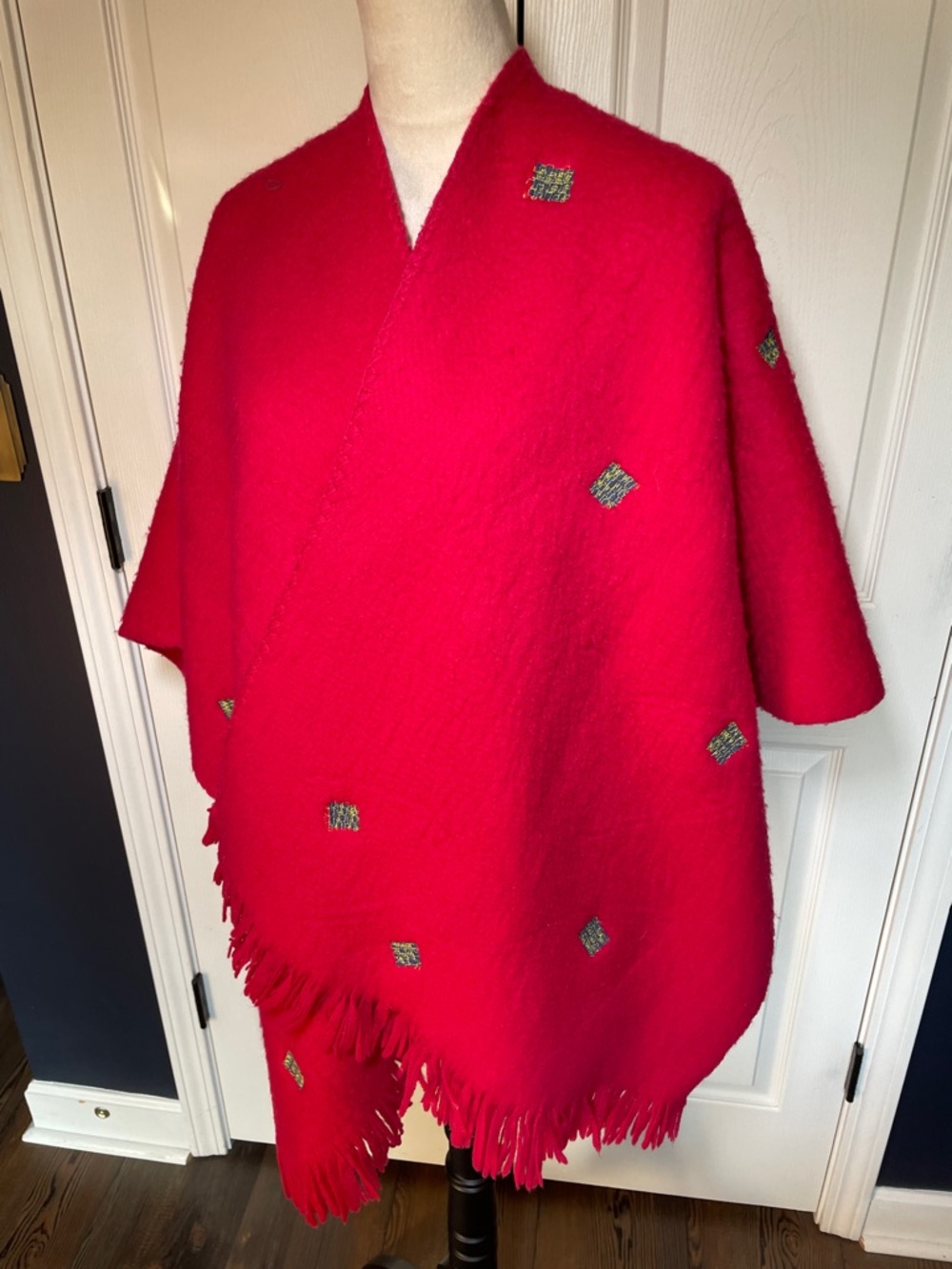 Vintage Bright Pink Wool Fringe Cape Blue Yellow Appliqués Upcycled One Size